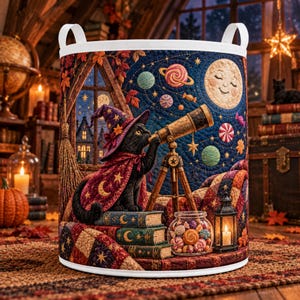 May include: A cylindrical fabric storage basket featuring a quilted design of a black cat wearing a purple wizard hat and cape, looking through a telescope at a night sky with a moon, planets, stars, books, a lantern, and colorful candies.