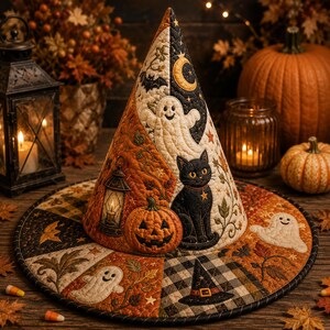 May include: A quilted witch hat featuring a patchwork design with orange, black, and cream fabric. The hat displays embroidered motifs of a black cat, smiling ghosts, a jack-o'-lantern, a lantern, a crescent moon, and a small witch hat pattern.