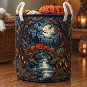 May include: A cylindrical fabric storage basket with white handles featuring a quilted scene of a moonlit forest, a stone bridge over a stream, and orange pumpkins. The dark blue and orange design includes trees, cattails, and flying bats.