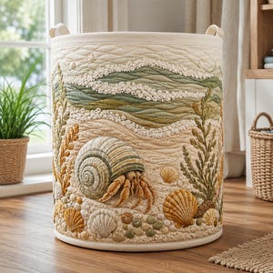 Könnte beinhalten: Ein zylindrischer Wäschekorb aus Stoff mit einer gesteppten Küstenszene, die einen Einsiedlerkrebs, verschiedene Muscheln und Seetang in Beige-, Salbeigrün- und Goldgelbtönen zeigt, ausgestattet mit zwei Griffen und einer strukturierten Oberfläche.