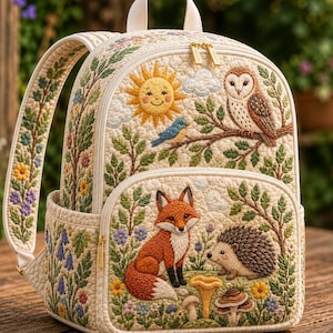 May include: A cream-colored quilted backpack featuring intricate embroidery of a sun, a blue bird, and an owl on a branch on the top section. The bottom pocket displays a fox, a hedgehog, and various mushrooms surrounded by colorful flowers.