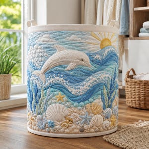 May include: A cylindrical fabric laundry hamper featuring a quilted ocean scene with a white dolphin leaping over blue waves, a yellow sun, and a sandy seafloor decorated with various white and tan seashells, starfish, and green seaweed.