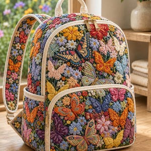 Puede incluir: Una mochila con un intrincado patrón bordado multicolor de varias mariposas y flores que cubre todo el exterior. La bolsa incluye un asa superior, dos correas para los hombros y cremalleras de metal en tono dorado en los compartimentos principal y frontal.
