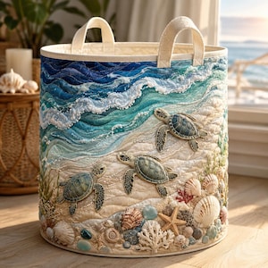 Könnte beinhalten: Ein zylindrischer Aufbewahrungskorb aus Stoff mit einer gesteppten Ozeanszene, die drei Meeresschildkröten an einem Sandstrand zeigt. Das Design umfasst gestickte blaue Wellen, weißen Schaum, verschiedene Muscheln, einen Seestern und Korallen.