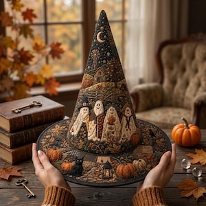 May include: A quilted witch hat featuring a dark fabric base with intricate embroidery of four ghosts, a crescent moon, a windmill, a barn, and autumn foliage. The brim displays pumpkins, a black cat, and a lantern in shades of orange and brown.