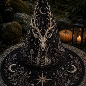 May include: A black pointed hat featuring intricate embroidery of a deer skull with large antlers, a skeletal rib cage, crescent moons, stars, and botanical elements. The quilted fabric displays detailed stitching throughout the conical crown and wide brim.