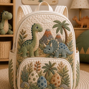 May include: A cream-coloured quilted backpack featuring an embroidered prehistoric scene. The design includes a green long-necked dinosaur, a blue triceratops, volcanoes, palm trees, and three patterned dinosaur eggs nestled among lush foliage.