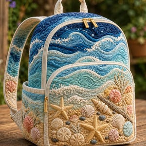 May include: A quilted backpack featuring a coastal theme with ocean waves in shades of blue and white on the top section. The bottom section depicts a sandy beach with embroidered starfish, various seashells, and small pebbles in soft pastel tones.