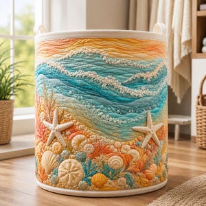 May include: A cylindrical fabric storage basket featuring a quilted design of an ocean shoreline. The exterior displays a gradient of orange and yellow sky, turquoise waves with white foam, and a sandy beach with textured starfish and seashells.