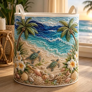 May include: A cylindrical fabric storage basket featuring a quilted beach scene with two sea turtles on sand, palm trees, white plumeria flowers, and various seashells. The design includes blue ocean waves, two cream-coloured handles, and a textured finish.