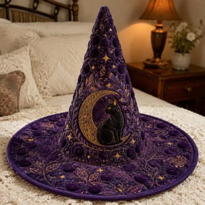 May include: A deep purple velvet witch hat featuring an embroidered gold crescent moon and a black cat silhouette. The hat is decorated with intricate gold leaf patterns, small star motifs, and circular quilted textures across the entire surface.