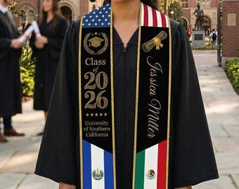 Estola de graduación personalizada con tres banderas 2026, México, El Salvador, EE. UU., banda de graduación con bandera mixta y nombre, regalo universitario personalizado de múltiples herencias