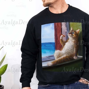 Unisex-Smoking Cat Y2K-Vintage Cat at Beach Sweatshirt for Men Women-Edgy Retro 90s Grunge T-shirt, Aesthetic Tee-Clothing-sweaters-ayalgade