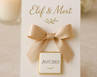 Recuerdo de boda personalizado de chocolate, lazo dorado, elegante detalle para invitados, tarjeta con nombre y fecha personalizada, dulces de boda de lujo.