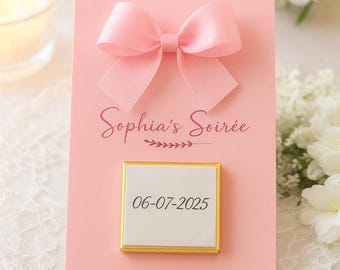 Recuerdo de boda personalizado de chocolate, lazo rosa, tarjeta con nombre y fecha, elegante dulce de boda, romántico recuerdo para invitados.