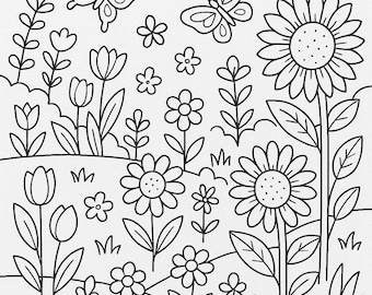 Könnte beinhalten: Schwarz-Weiß-Linienzeichnung einer Gartenszene mit Blumen, Schmetterlingen, einem Vogel und einer Wolke. Zu den Blumen gehören Sonnenblumen, Tulpen und andere kleine Blüten. Das Bild ist eine einfache, umrissene Zeichnung.