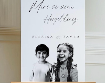 Welkomstbord voor bruiloft met foto | Gepersonaliseerd receptiebord met jeugdfoto | Trouwbord | Stevig kartonnen display