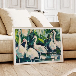 Preppy Green Coastal Art, White Herons Painting, Pastel Bird Wall Print, Coastal Beach House Wall Gallery Decor, Colorful Summer Marsh Print