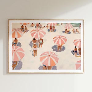 Preppy Beach Umbrella Art, Vintage Summer Print, Różowo-biała dekoracja ścienna, Beachy Umbrella Art Print, Modny letni wystrój, Dziewczęca sztuka ścienna