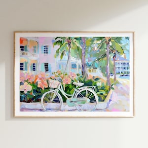 Pastel City Escape Paintings, Bike Travel Pink and Green Art Print, Dorm Charleston Landscape Poster, Preppy Coastal Beach House Printable