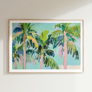 Pastel Palm Tree Painting, Tropical Coastal Summer Wall Art Print, Colorful Beach House Poster, Trendy Girly Printable Gift,Retro Preppy Art