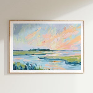 Pastel Marsh Sunset Landscape Painting, Preppy Carolina Lowcountry Decor, Coastal Watercolor Wall Art, Coquette Pink Beach House Printable