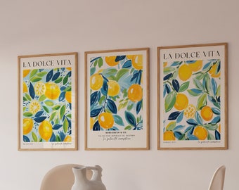 Amalfi Coast Lemons Printable Poster Set of 3, La Dolce Vita Poster Set Kitchen Wall Art, Fruit Market Art Poster, Retro Aesthetic Wall Art