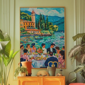 コモ湖のボートパーティーアート、ヨーロッパの夏のポスター、マティスの絵画、マキシマリストの壁アート、折衷的な室内装飾、プレッピーなキッチュな美的プリント