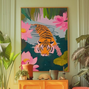 Maximalist Tiger Poster, Tiger Painting, Bathroom Decor, Pink Green Maximalist Wall Art, Eclectic Home Decor, Preppy Kitsch Aesthetic Poster