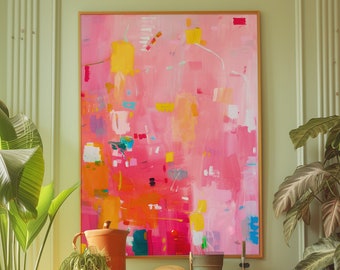 Minimalistische roze abstracte kunst, modern muurdecor, roze gele muurkunst, vintage poster, eclectisch roze muurdecor, maximalistische dopamine-print
