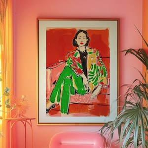 Póster retro ecléctico de moda, arte mural de mujer roja, impresión estética kitsch, arte mural psicodélico de los años 70, impresión de dopamina, idea de regalo de inauguración de la casa