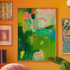 Impression abstraite éclectique vert rose, art mural coloré dopamine, impression d&#39;art géométrique, décoration murale abstraite, art mural vert trippy maximaliste