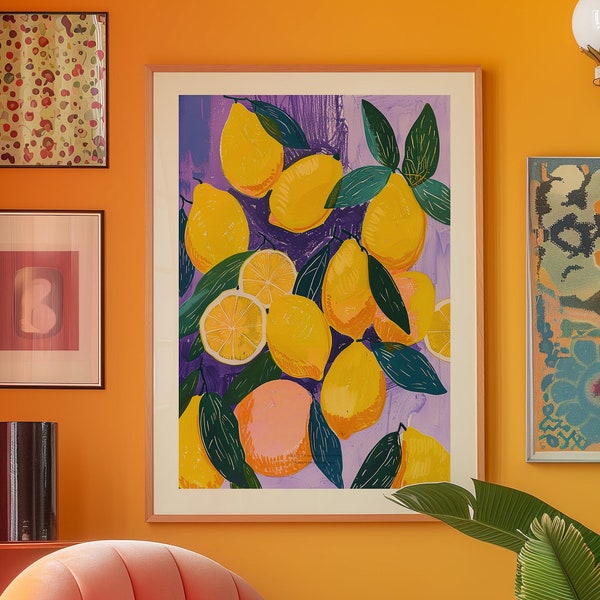 Lemon Matisse Print, Dopamine Kitchen Wall Art, Fruit Market Art Poster, Retro Aesthetic Print Aesthetic Room Decor, Mother's Day Gift Idea
