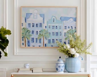 Whimsical Vintage Charleston Rainbow Row Wall Art Print, Pastel Historic House Decor, Southern Coastal Grandmillennial Bedroom Living Room