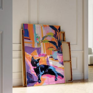 Kunst Geschenk für Katzenliebhaber, Abstrakte Matisse-Malerei, Maximalistische Wandkunst, Eklektische Wohnkultur, Preppy Kitsch Ästhetik, Funky Dopamin-Dekor