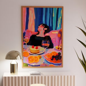 Pintura feminina rosa eclética, impressão de cartão de bar, decoração de dopamina de dormitório, arte de parede estética kitsch da moda, ideia de presente de pôster colorido de Matisse