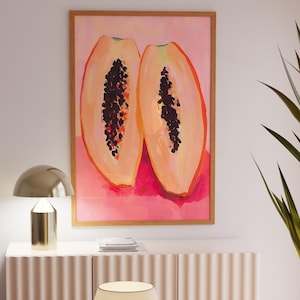 Poppige Papaya-Frucht-Kunstdruck, modernes Küchendekor, bunte spanische Malerei, lebhafte Akzentkunst, künstlerisches rosa Retro-Poster
