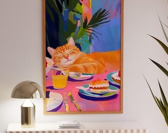 May include: A painting of a cat sleeping on a pink table with a glass of orange juice and a plate of cake. The cat is orange and white and has its eyes closed. The table is set with a pink tablecloth and a green plant in the background.