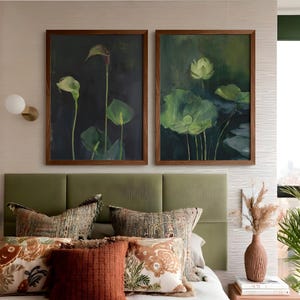Botanical  Emerald 2 Botanical Wall Art Prints, Retro White Lotus Calla Lily Home Decor,Rustic Contemporary Japandi Living Room Duo Painting