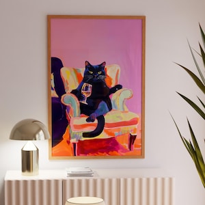 Eclectic Vibrant Pink Orange Cat Painting, Black Cat with Champagne Print,Mid-Century Dopamine Wall Art,Aesthetic Room Decor,Kitsch Wall Art