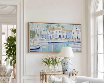 Nantucket Yacht Club Marina Art Print, Coastal Harbor Canvas Print, Nautical Beach House Decor, Vacation Home Wall Art, Grandmillennial Gift