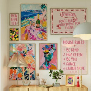 Preppy Dorm Printable Art, Eclectic Gallery Set, Coastal Maximalist Home Decor, Trendy Digital Download Pink Art Prints, Kitchen Wall Art