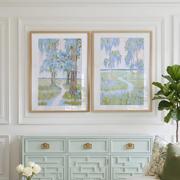 Set of 2 Charleston Marsh Wall Art Prints | Moss Oak Trees Coastal Landscape | Lowcountry Marsh Painting | Grandmillennial Southern Decor
