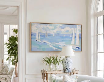 Bkue Nantucket Yacht Club Print, Aerial Ocean Canvas Print, Nautical Beach House Decor, Vacation Home Wall Art, Coastal Grandmillennial Gift
