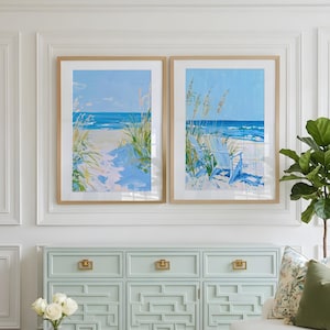 Juego de 2 láminas decorativas de pared con temática costera, estilo vintage y azul, ideales para decorar el dormitorio, el baño o el océano de Nantucket.