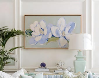 Grandmillennial Magnolia Botanical Art Print, Southern Over Sofa Floral Canvas Print, Sage Green Vacation Home Wall Art, Bedroom Decor Print