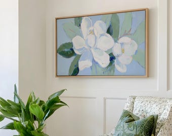 Blue Green Magnolia Art Print, Southern Coastal Botanical Floral Wall Decor, Sage Green Nantucket Vacation Home Decor, Lake House Wall Art