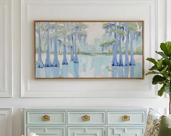 Sage Green Grandmillennial Cypress Swamp Art Print, Southern Landscape Canvas Print, Louisiana Lake House Nature Artwork,Southern Lowcountry