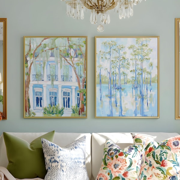 Set of 2 Louisiana Wall Art Prints | Vintage Coquette Hamptons Egret Decor | Southern Grandmillennial Coastal Bedroom Bathroom Gallery Wall