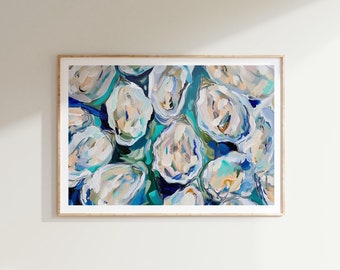 Kunstdruck mit pastellfarbenem Austernmuschelmotiv, Wanddekoration für die Küche im Küstenstil